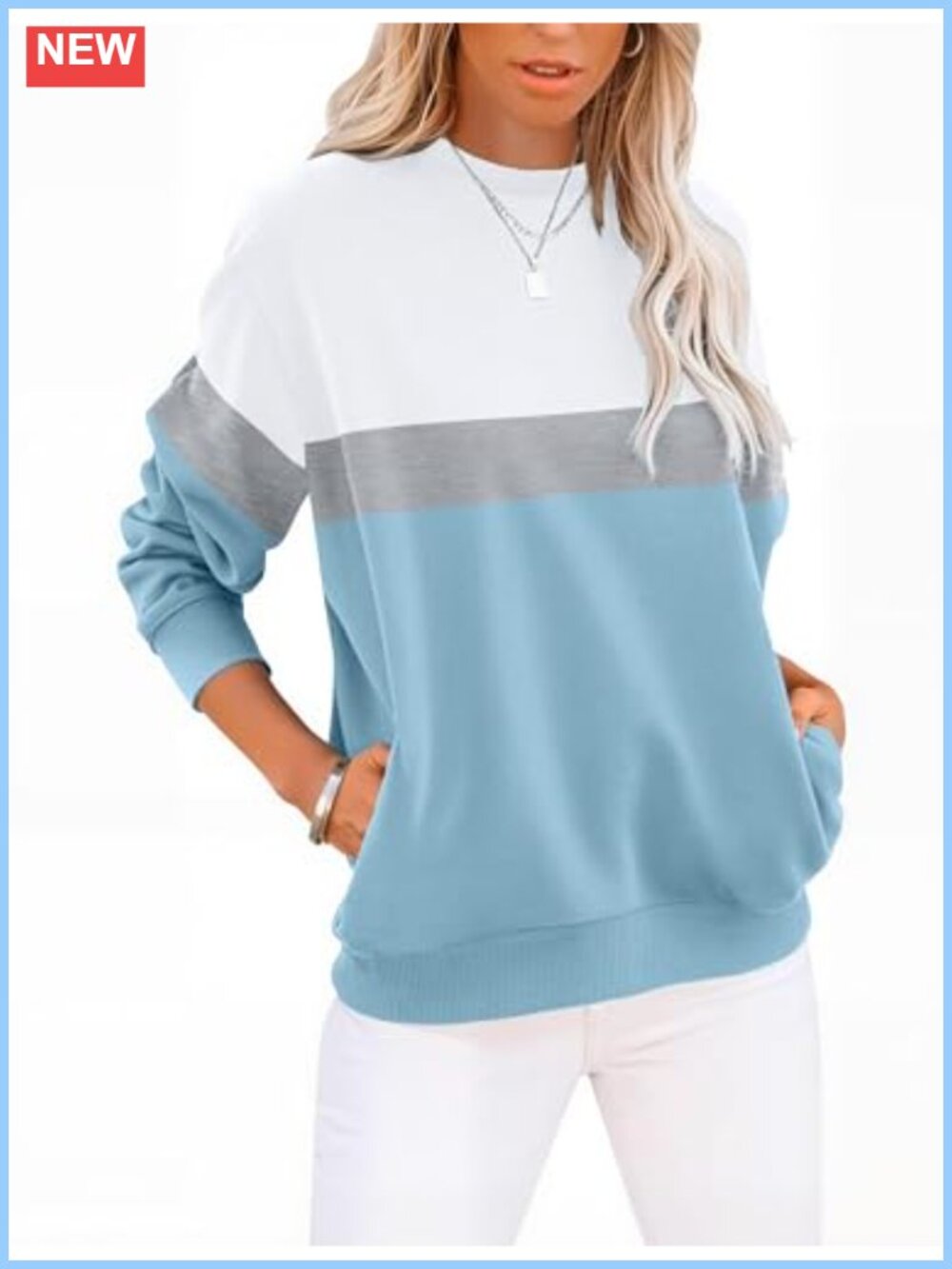 Womens Cotton Blend Crew Neck Lightweight Sweatshirt with Hidden Side Pockets